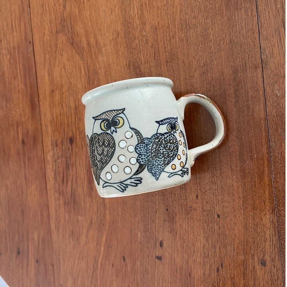 Vintage Otagiri Owl Coffee Mug Speckled Stoneware Boho Hand Painted Japan Cup